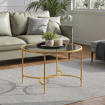 80cm Round Glass Coffee Table Transparent Gold Sofa Table for Home Living Room