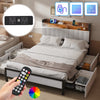 Double Size Bed Frame Metal Bed Platform LED Lights Headboard & 4 Storage Drawer
