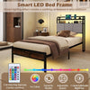 Single Size Bed Frame w/ LED Light & Charging Station-Brown