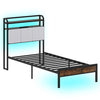 Single Size Bed Frame w/ LED Light & Charging Station-Brown