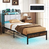 Single Size Bed Frame w/ LED Light & Charging Station-Brown