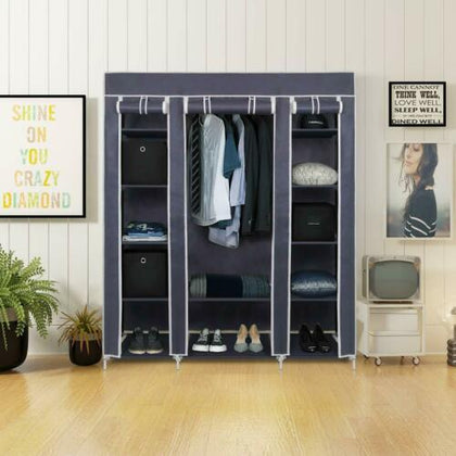 Large Fabric Canvas Wardrobe With Clothes Hanging Rail Shelves Storage Cupboard