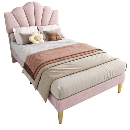 3FT SINGLE BED FRAME UPHOLSTERED PLATFORM BED WITH HEADBOARD VELVET FABRIC PINK