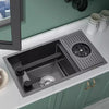 Black Hidden Handmade Kitchen Sink Stainless w/Glass Rinser Single Bowl