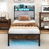 Single Size Bed Frame w/ LED Light & Charging Station-Brown