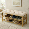 2-Tier Velvet Top Bamboo Gold Metal Shoe Rack Stand Shoe Storage Shelf Hallway