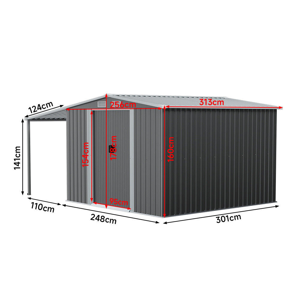 4/5/6/8/10FT Steel Garden Storage Shed Tool House with Side Canopy & 2 Air Vents