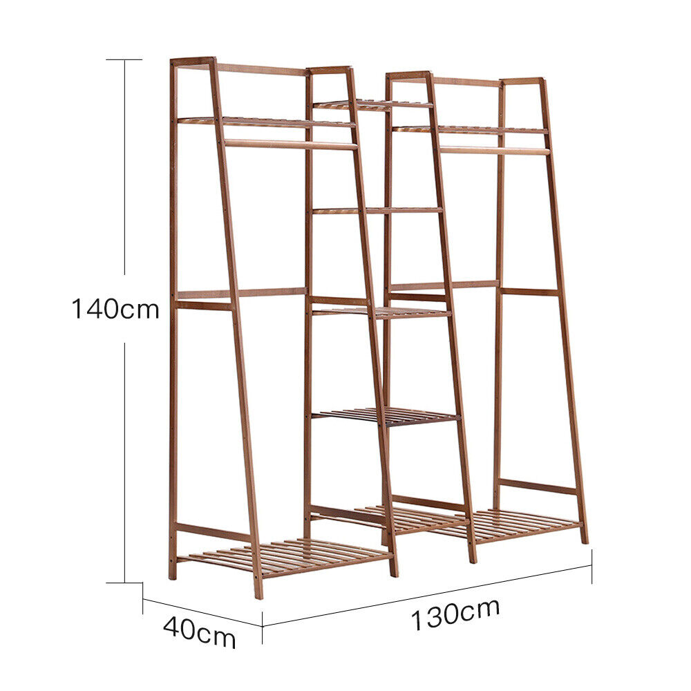 Bamboo Clothes Rail Rack Garment Hanging Coat Display Stand Shoe Storage Shelves