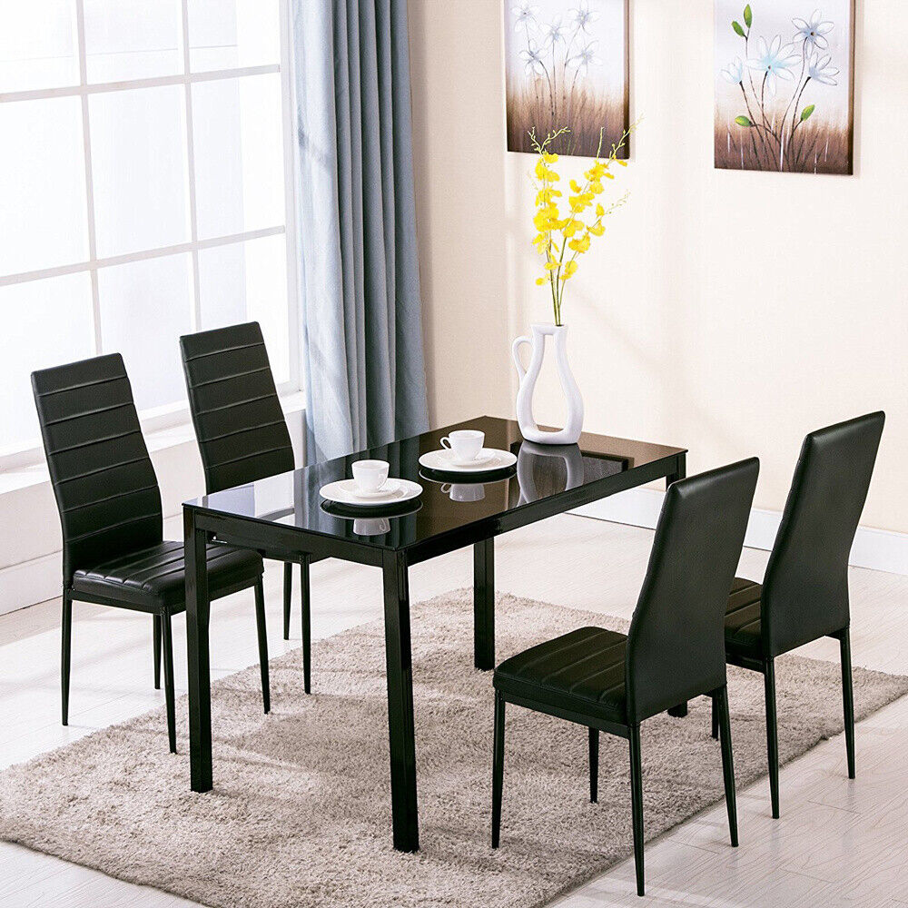 Tempered Glass Rectangle Dining Table & 4/6 PU Leather Chairs Set Kitchen Office
