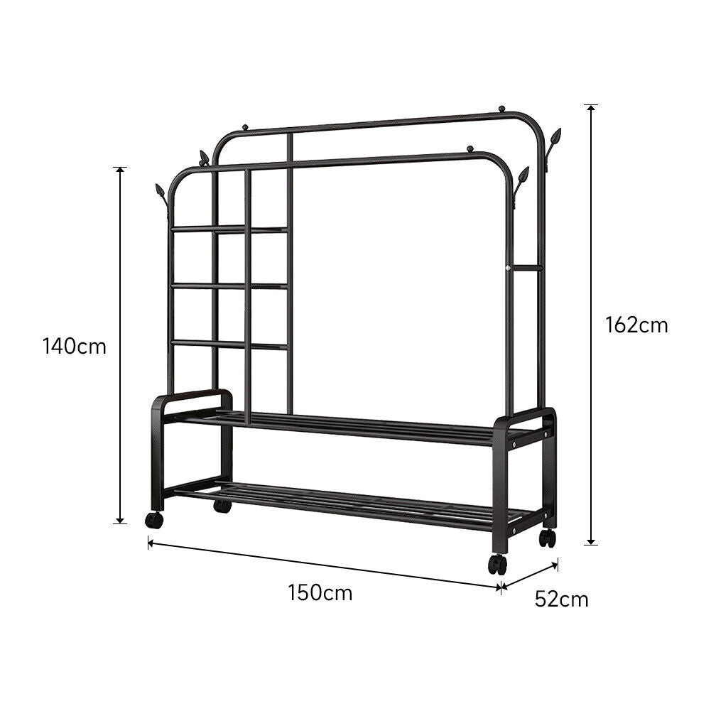 Rolling Double Clothes Rail Hanging Rack Garment DisplayStand Shoe Storage Shelf