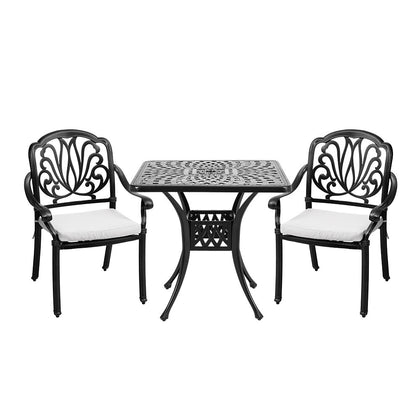 3Pcs Black Cast Aluminium Square Garden Table and Chairs Outdoor Dining Set UK