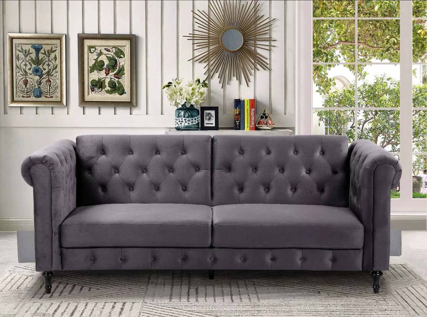 Sofa Bed Velvet Chesterfield 3 Seater Style Green Blue Grey Sofabed Button Back