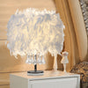 White Feather Lampshade Table Lamp Bedroom Desk Bedside Night Light Round Warm