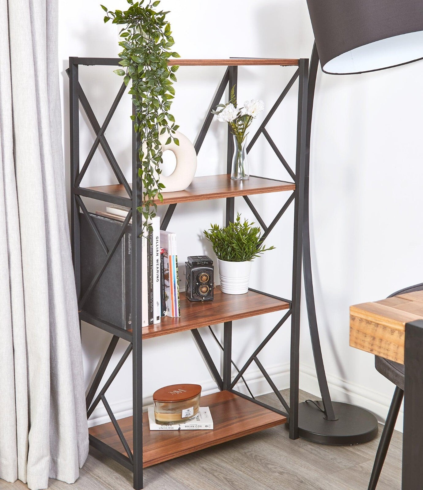 Industrial Style 3 4 Tier Bookshelf Walnut Black Metal Shelves Disp industrial-style-3-4-tier-bookshelf-walnut-black-metal-shelves-disp