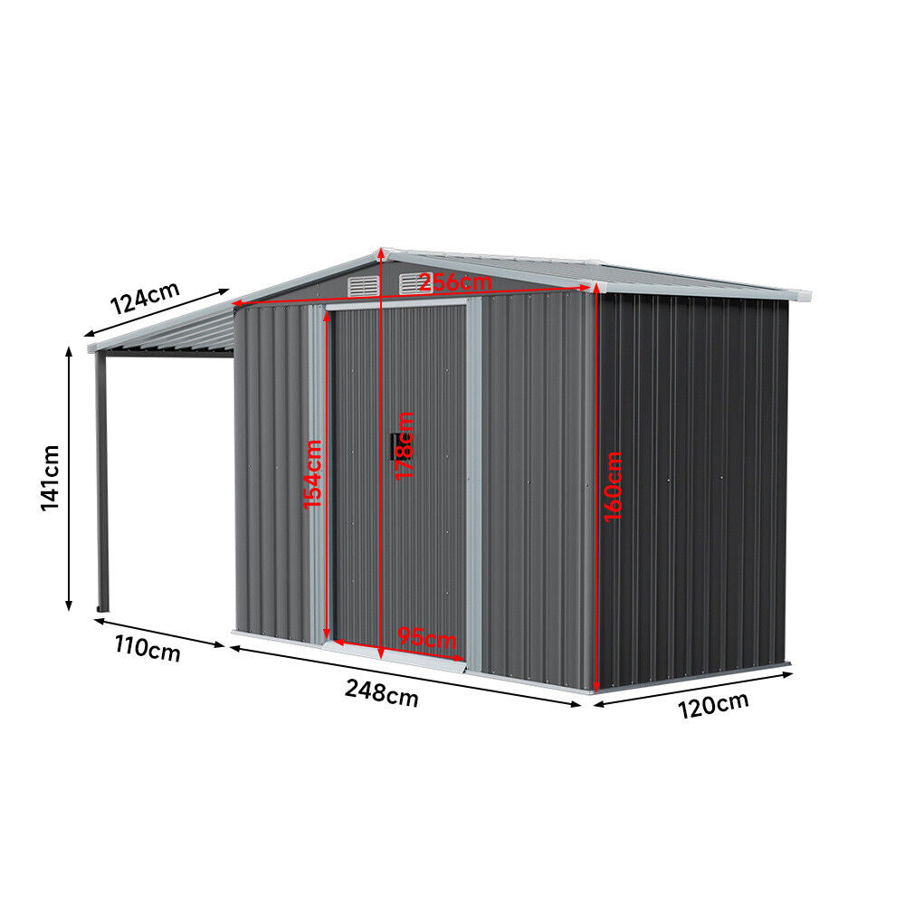 4/5/6/8/10FT Steel Garden Storage Shed Tool House with Side Canopy & 2 Air Vents