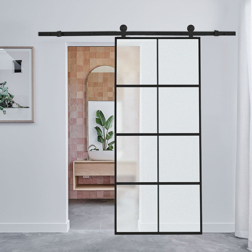 Home Interior Sliding Door Frosted/Clear Glass Door Panels &6FT Track System Kit