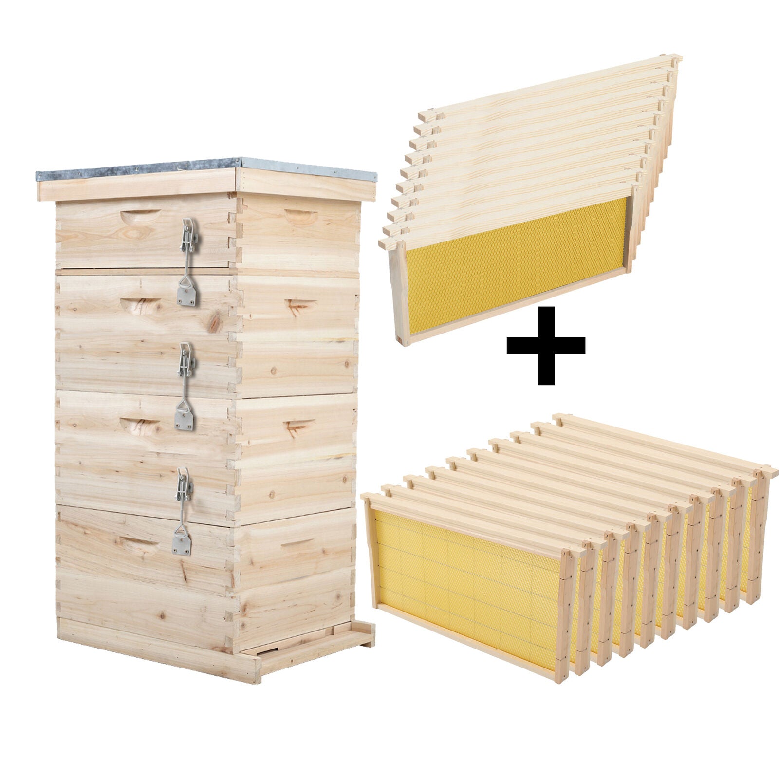 2/3/4Tier Langstroth Honey Beehive Box Beekeeping,Honeycomb Foundation Frame Set