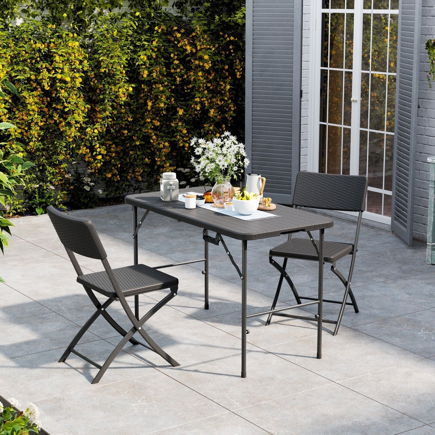 Rattan Garden Dining Table and Chairs Set Folding Camping BBQ Picnic Table Bench