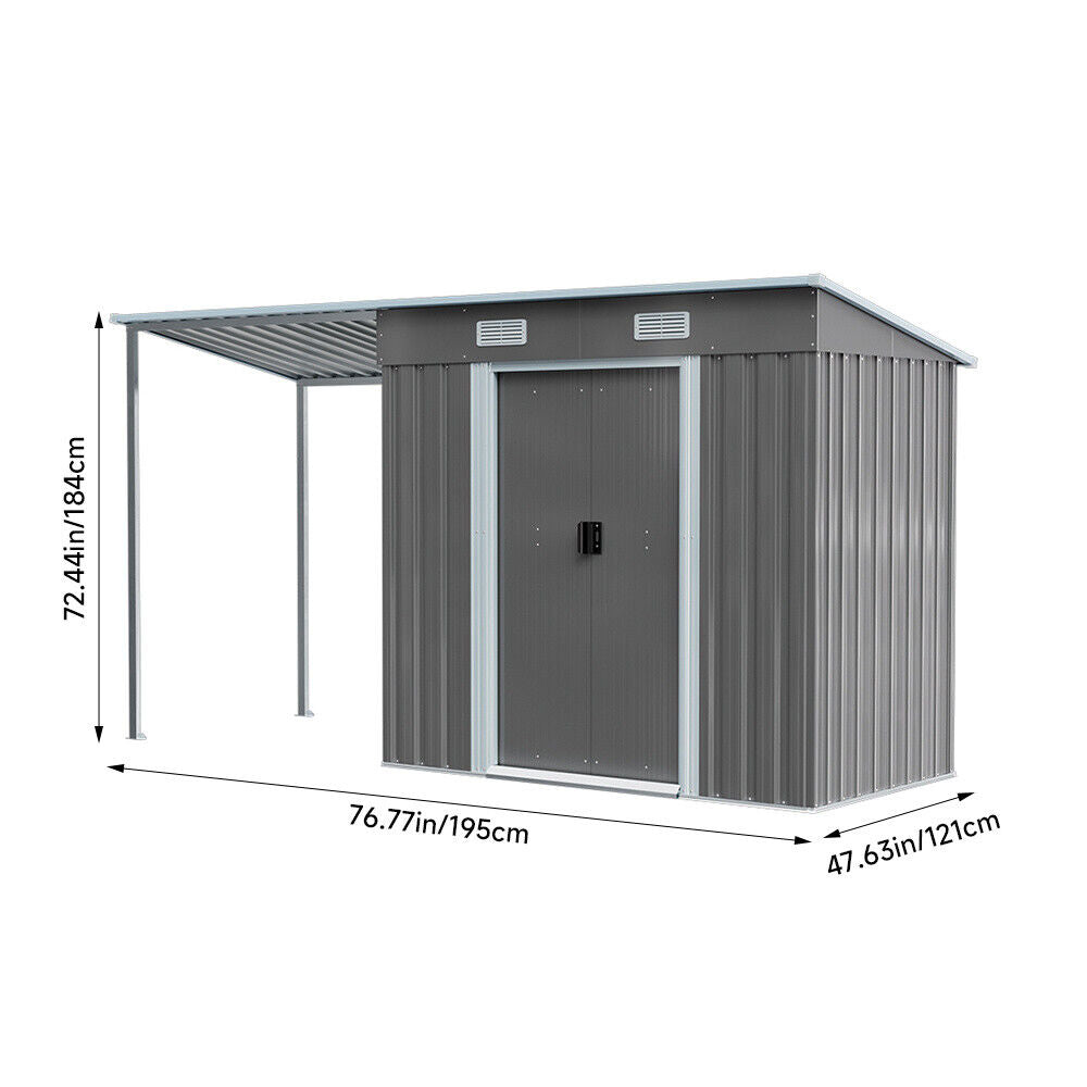 4/5/6/8/10FT Steel Garden Storage Shed Tool House with Side Canopy & 2 Air Vents