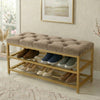 2-Tier Velvet Top Bamboo Gold Metal Shoe Rack Stand Shoe Storage Shelf Hallway