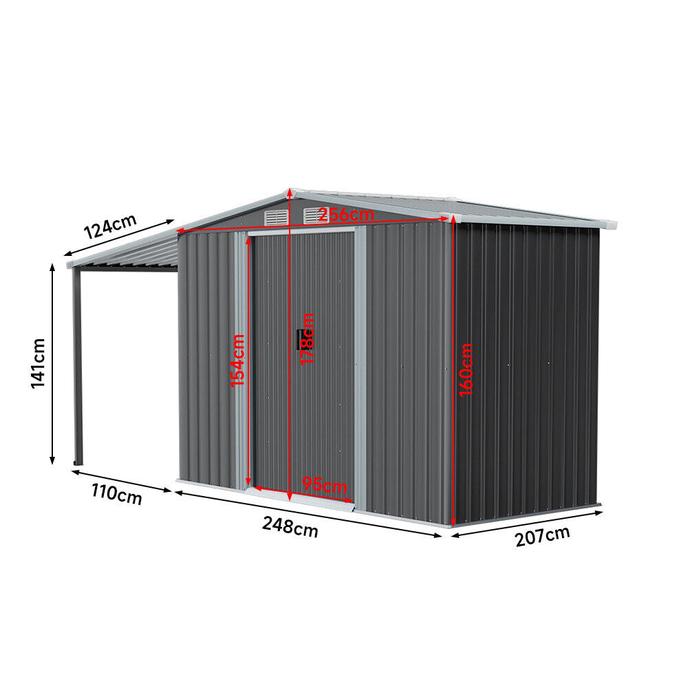 4/5/6/8/10FT Steel Garden Storage Shed Tool House with Side Canopy & 2 Air Vents