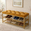 2-Tier Velvet Top Bamboo Gold Metal Shoe Rack Stand Shoe Storage Shelf Hallway