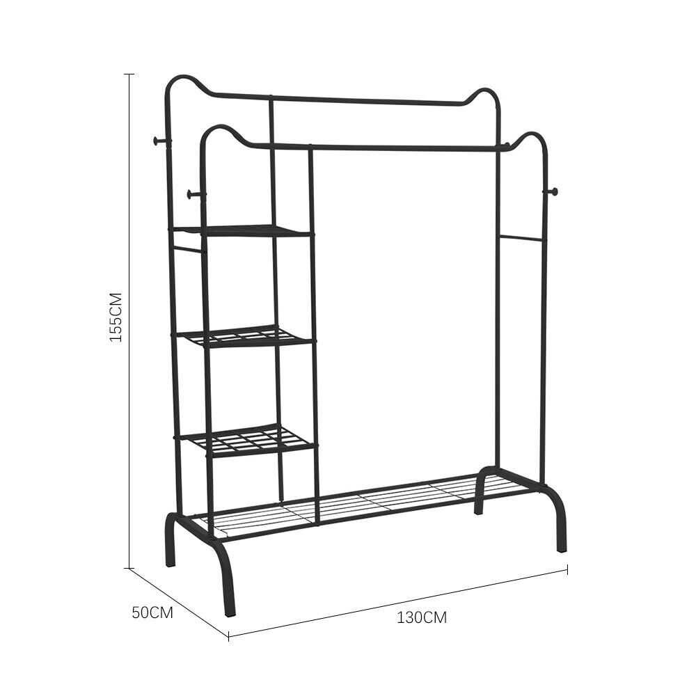 Rolling Double Clothes Rail Hanging Rack Garment DisplayStand Shoe Storage Shelf