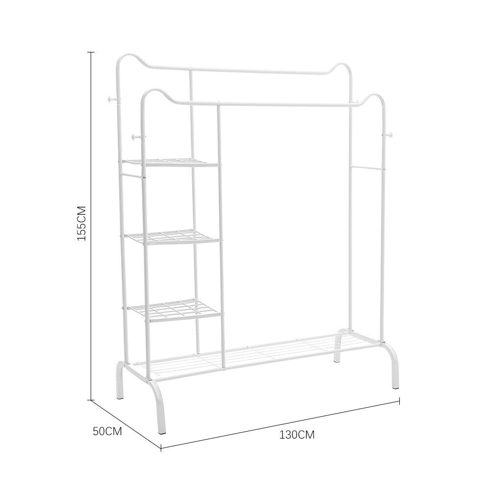 Rolling Double Clothes Rail Hanging Rack Garment DisplayStand Shoe Storage Shelf