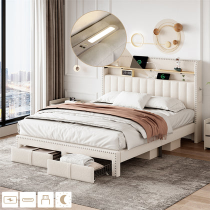 4FT6 DOUBLE STORAGE BED FRAME WITH 2 DRAWERS HEADBOARD W/ CHARGING AND LIGHTING