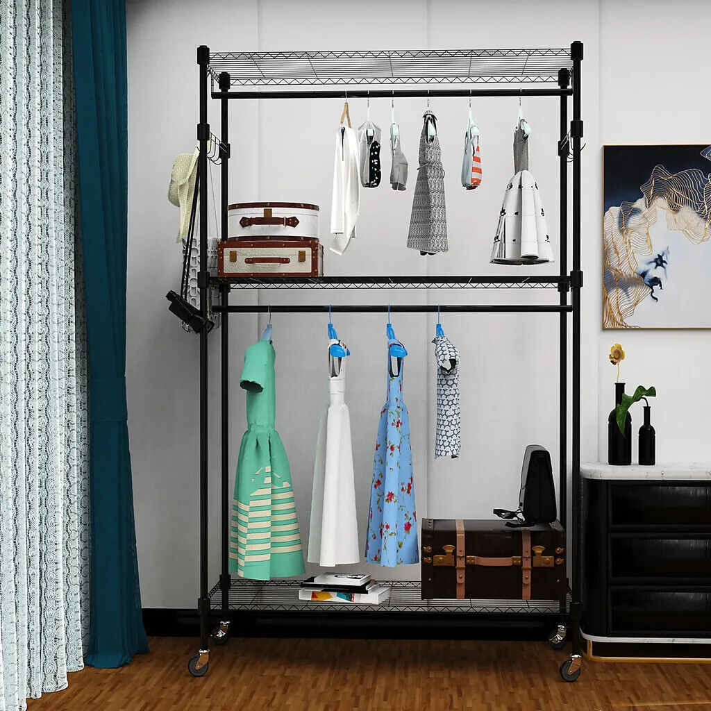 Heavy Duty Metal Double Rods Clothes Rack Garment Hanging Shelf Display Stand