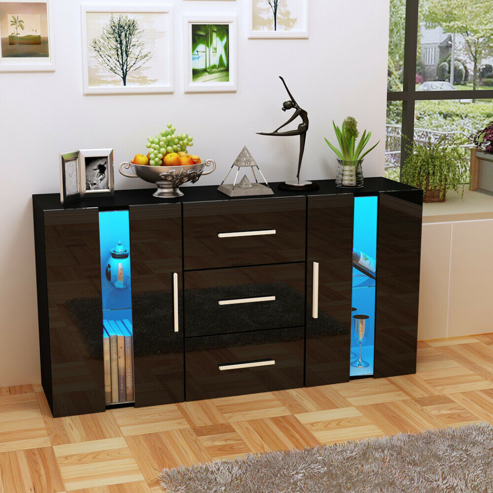 Modern Cabinet Sideboard Buffet Cupboards 3 Drawers 2 Doors with RGB LED Lights