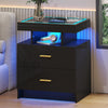 Bedside Table with Charging Station, High Gloss Nigtstand with LED Lights