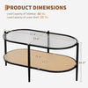 2 Tier Oval Rattan Coffee Table with Glass Top and Storage Shelf, Metal Frame