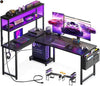 L Shaped Corner Desk with Drawer, Power Outlet & LED Light Computer Table