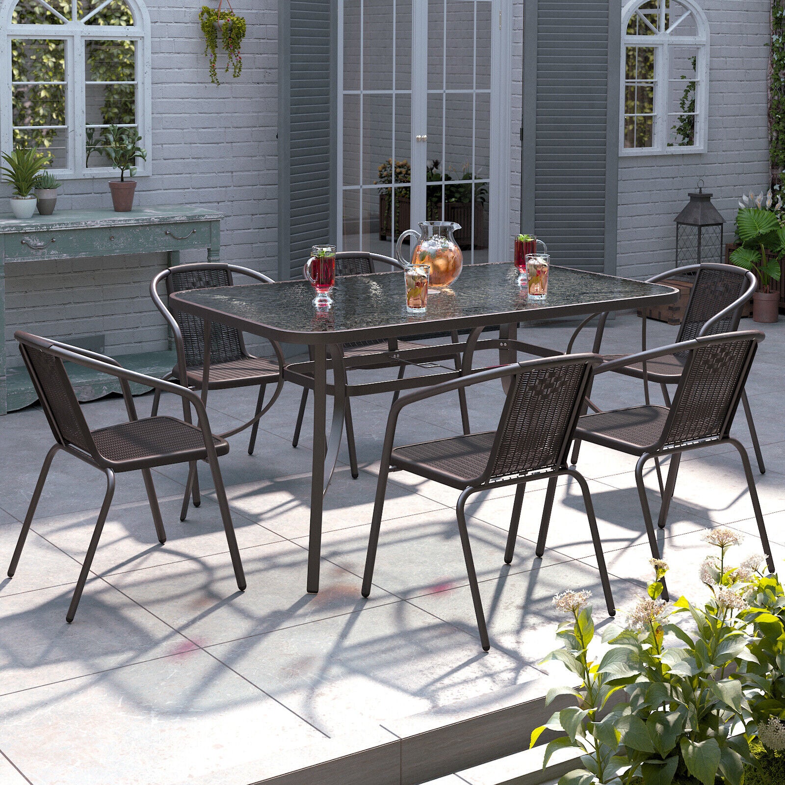 Garden Furniture Set Glass Top Picnic Table and Chair Diner Outdoor Patio Bistro