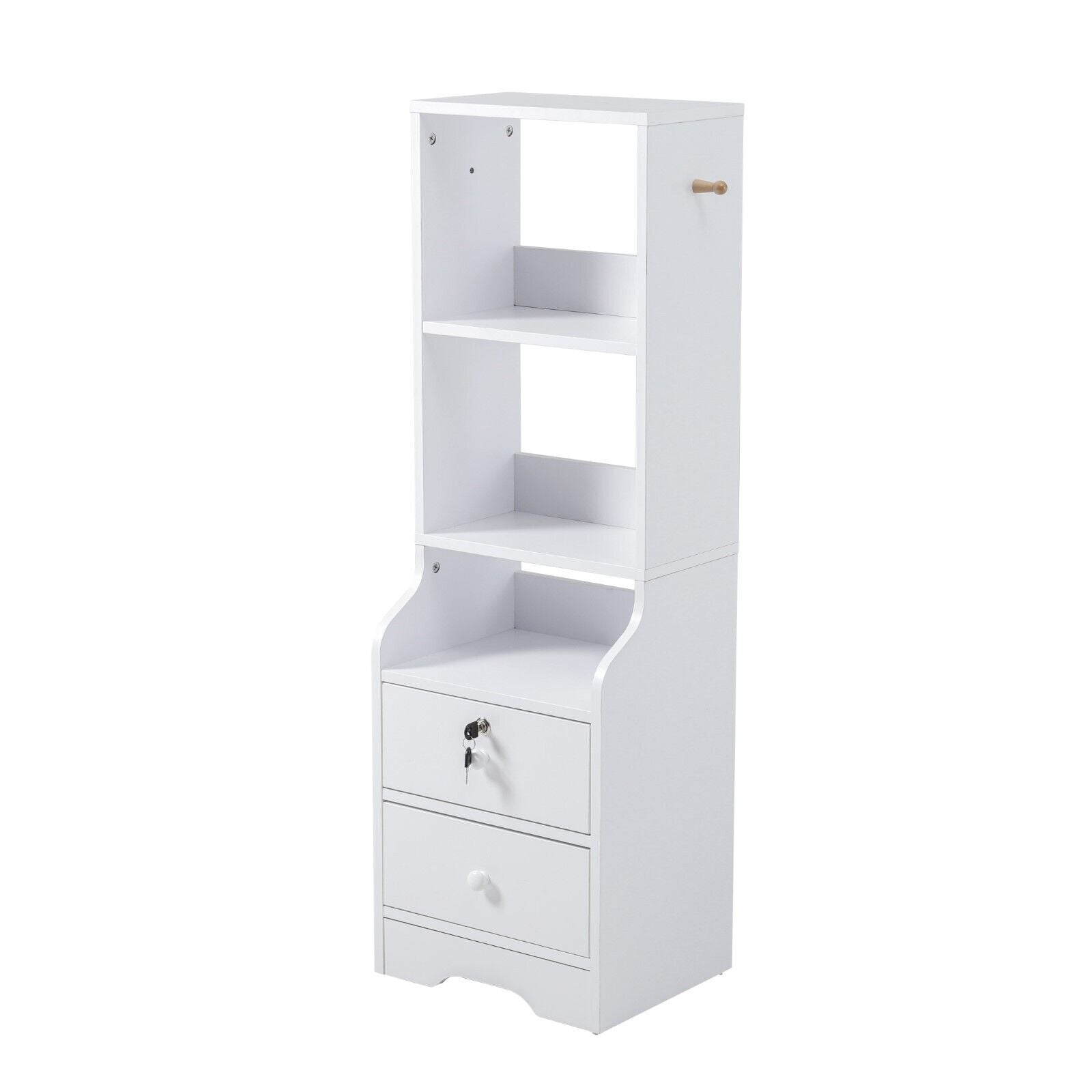 White Tall Cabinet Bedside Table Storage Narrow Chest of 2Drawer&Shelves Storage