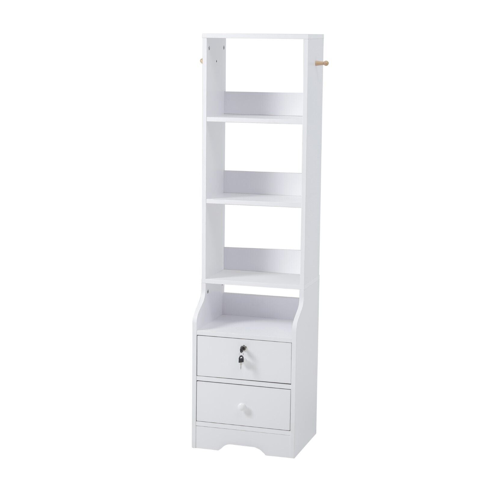 White Tall Cabinet Bedside Table Storage Narrow Chest of 2Drawer&Shelves Storage