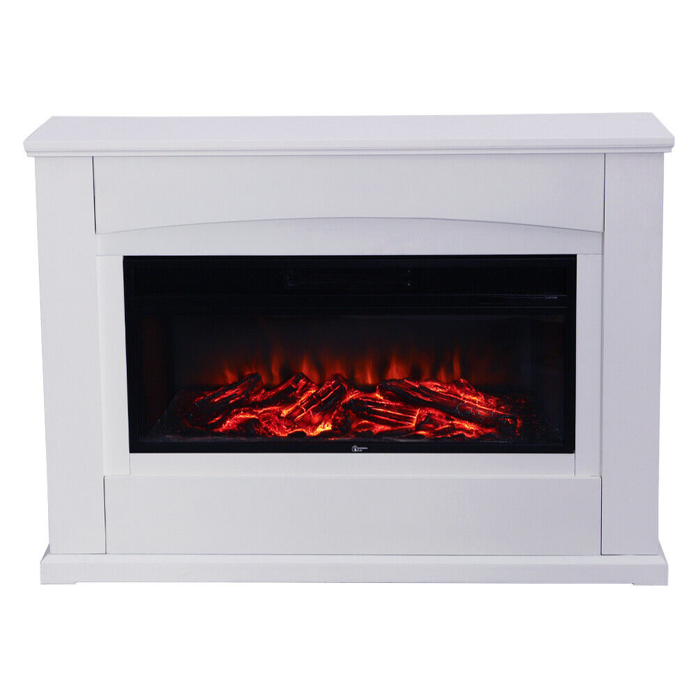 Modern 2KW Electric Inset Fireplace Heater Fire Place White Wooden Mantel Indoor