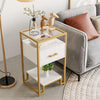 3-Tier Coffee Table w/ Tempered Glass Top Storage Drawer and Shelves Steel Frame