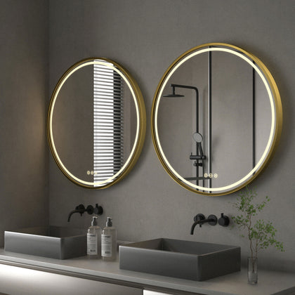 Large Round LED Bathroom Mirror Light Dimmable Anti-Fog Makeup Wall Mirror Gold