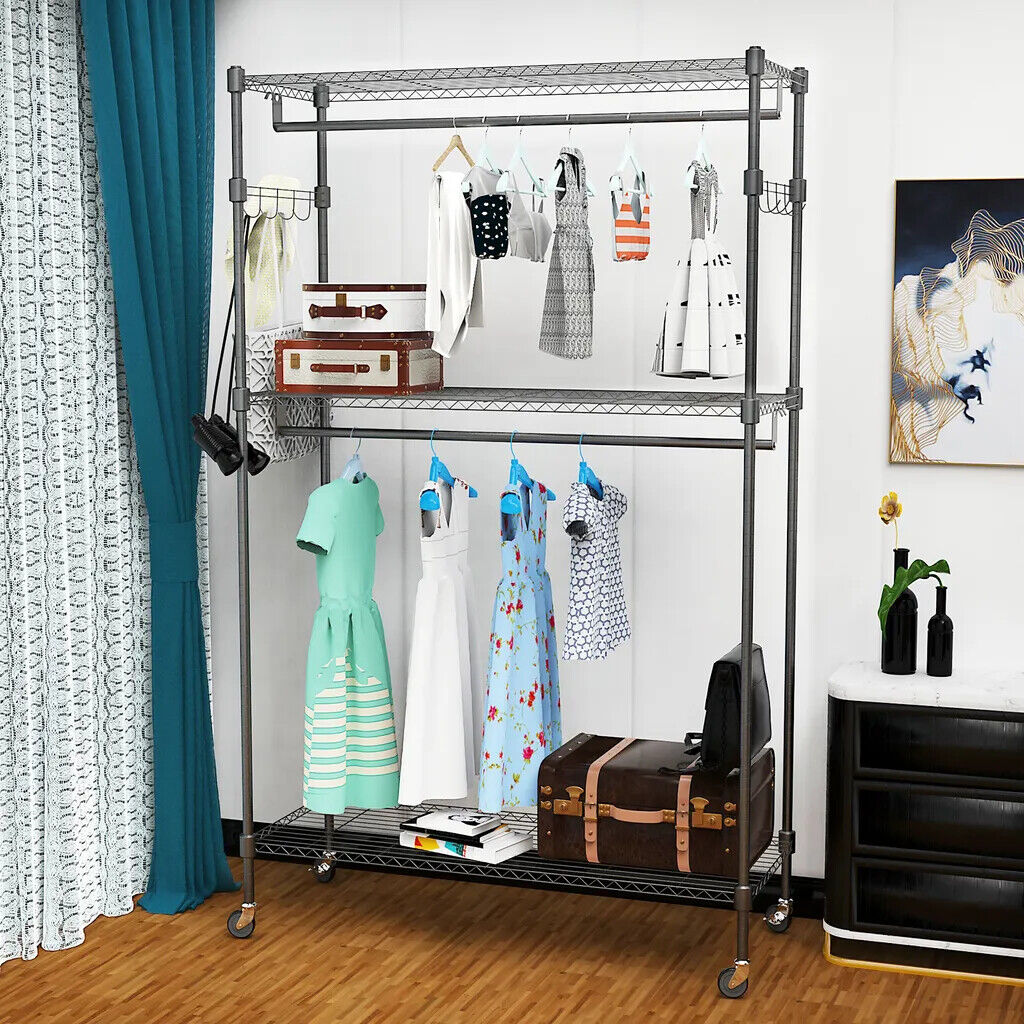 Heavy Duty Metal Double Rods Clothes Rack Garment Hanging Shelf Display Stand