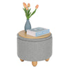 Round Stool with Storage Space Footstool Linen Cover Padded Ottoman Wood Legs