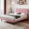 Double Bed Frame, Velvet Upholstered Platform Bed with Channel Tufted Headboard