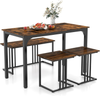 Dining Table Set 4 Piece Bench Stools Industrial Metal Frame Space Saving Brown