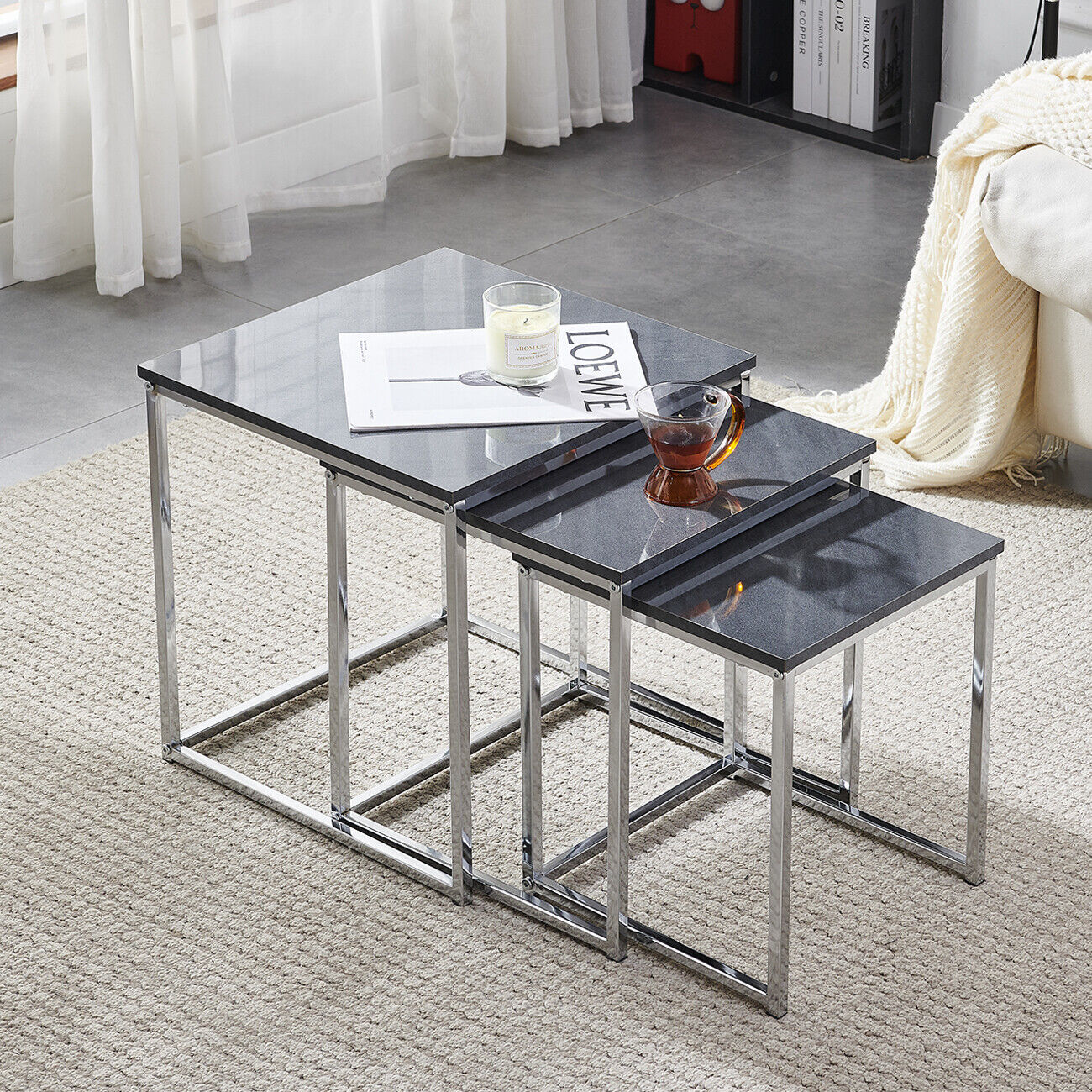 Nest Of 3 Nested Nesting Tables Side End Coffee Table Wooden for Living Room