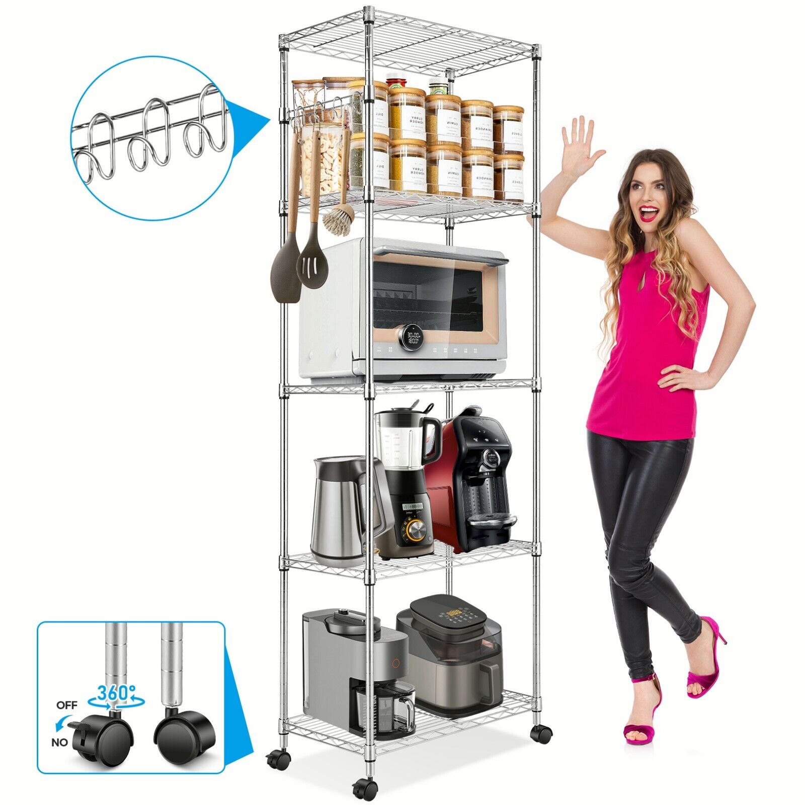 Wire Shelving Rack 5 Tier Metal Storage Shelf Unit Stand w/Wheels Kitc ...