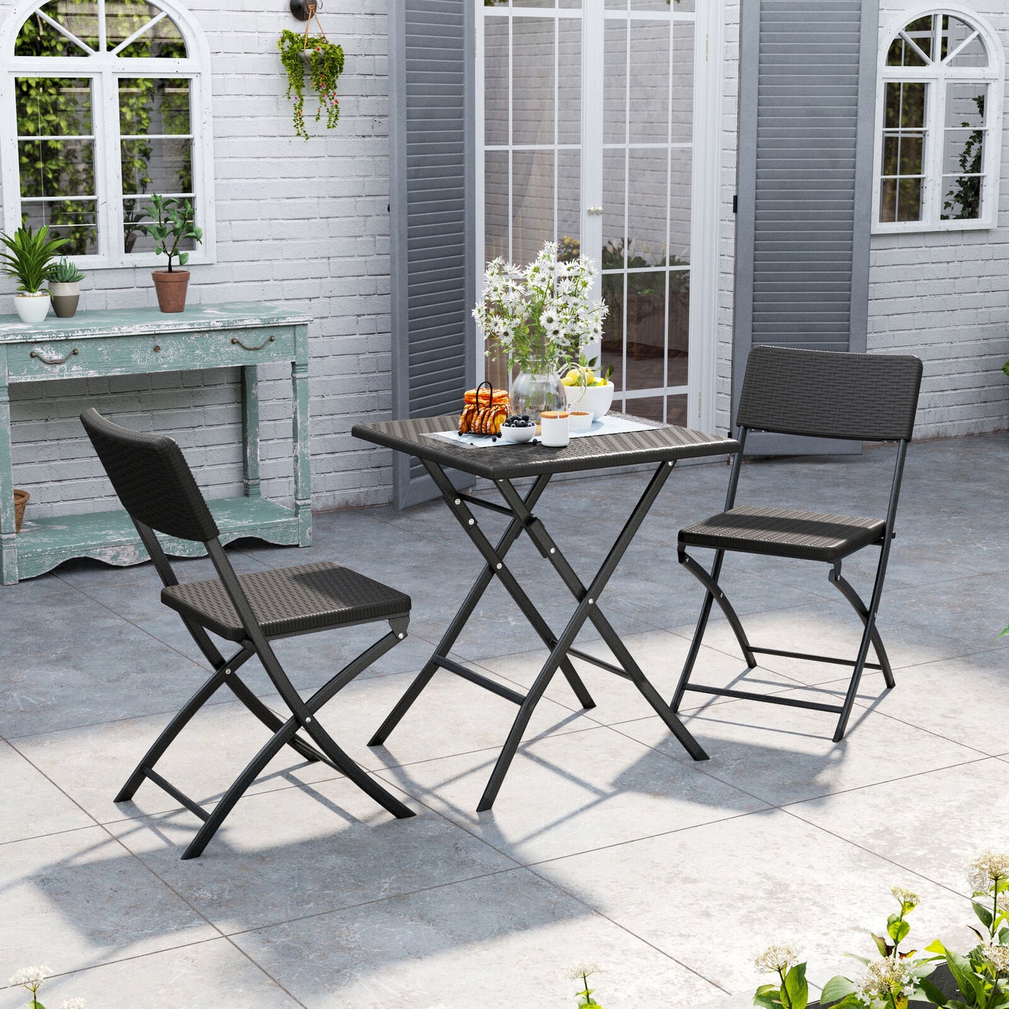 Rattan Garden Dining Table and Chairs Set Folding Camping BBQ Picnic Table Bench