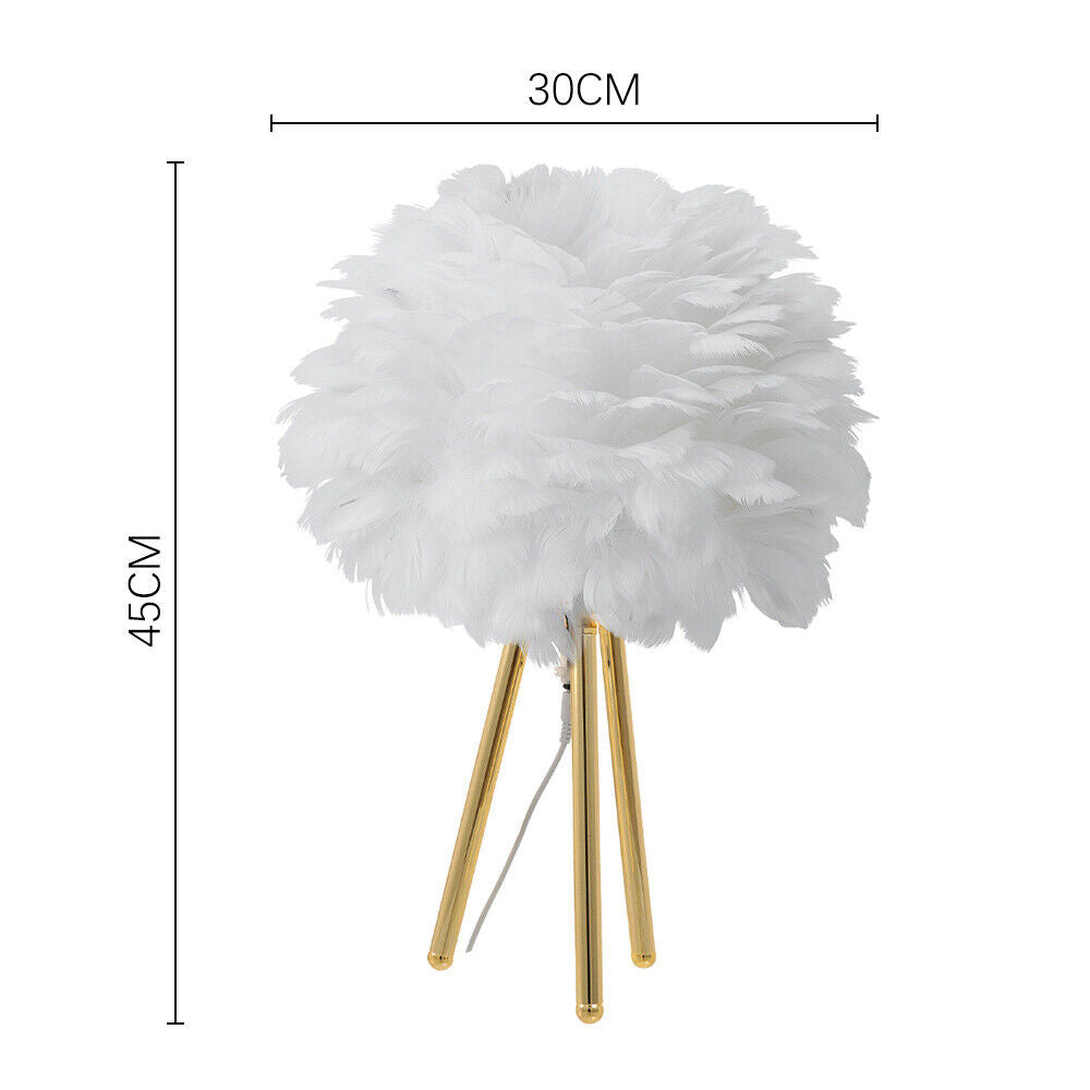 Fluffy Feather Shade Table Lamp White Lampshade Bedside Night Light Room Decor