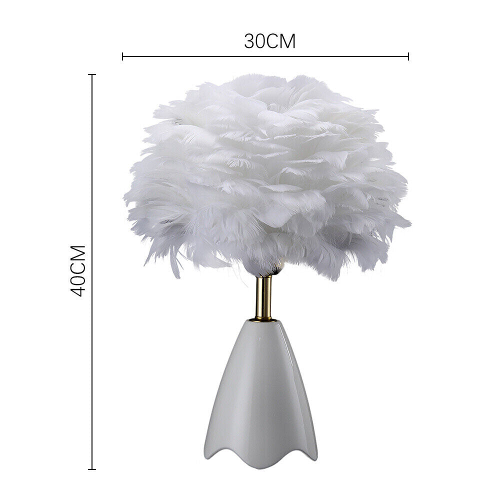 Fluffy Feather Shade Table Lamp White Lampshade Bedside Night Light Room Decor