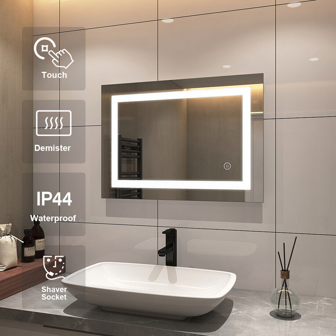 LED Bathroom Mirror With Shaver Socket Demister Pads Lights Touch 50x70CM